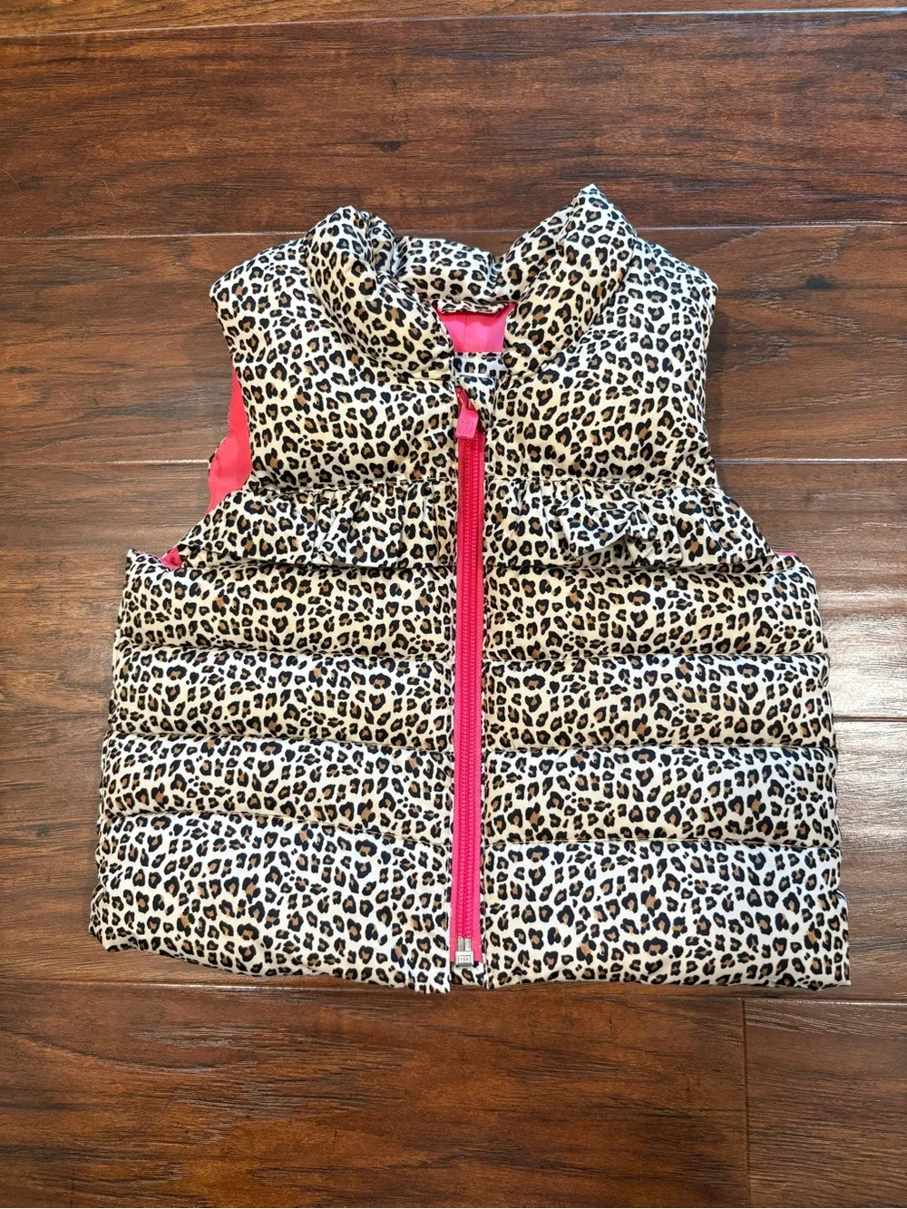 GAP Kids Leopard Print Puffer Vest with Hot Pink Details 12-18 Months